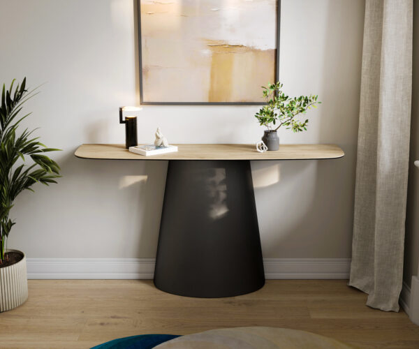 Konzolasztal Edge hajóformájú 140x40 cm Laminam® Sabbia kerámia tölgyszínű Conos fém fekete