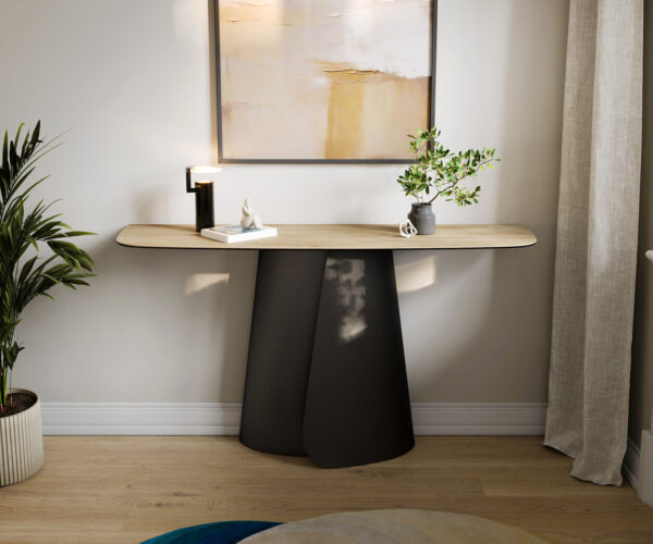 Konzolasztal Edge hajóformájú 140x40 cm kerámia Laminam® Sabbia tölgyszínű Livos fém fekete