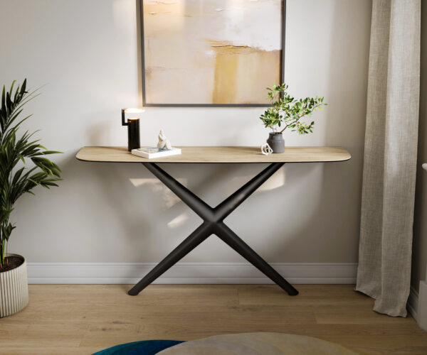 Konzolasztal Edge hajóformájú 140x40 cm Laminam® Sabbia kerámia tölgyszínű Estelo fém fekete