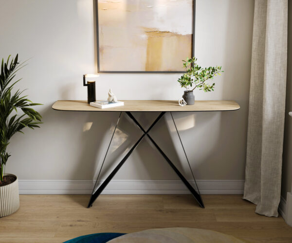 Konzolasztal Edge hajóformájú 140x40 cm Laminam® Sabbia kerámia tölgyszínű Velio fém fekete