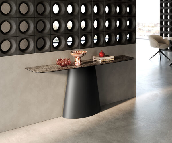 Konzolasztal Edge hajóformájú 180x40 cm kerámia emperador extra polírozott sötétbarna kúpos fém fekete
