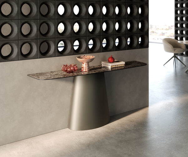 Konzolasztal Edge hajóformájú 180x40 cm kerámia emperador extra polírozott sötétbarna kúpos fém titán színű hatás