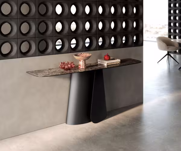 Konzolasztal Edge hajóformájú 180x40 cm kerámia emperador extra lucidato sötétbarna Livos fém fekete