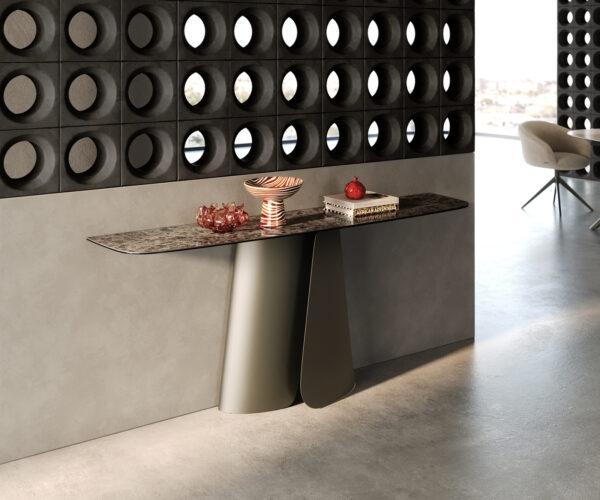 Konzolasztal Edge hajóformájú 180x40 cm kerámia emperador extra polírozott sötétbarna Livos fém titán színű effekt finish