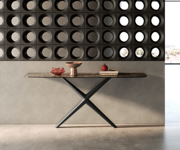 Konzolasztal Edge hajóformájú 180x40 cm kerámia emperador extra polírozott sötétbarna Estelo fém fekete