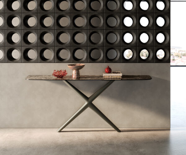 Konzolasztal Edge hajóformájú 180x40 cm kerámia emperador extra lucido sötétbarna Estelo fém titán színű hatású