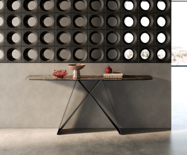 Konzolasztal Edge hajóformájú 180x40 cm kerámia emperador extra lucido sötétbarna Velio fém fekete