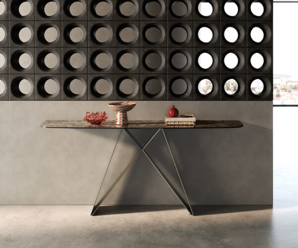 Konzolasztal Edge hajóformájú 180x40 cm kerámia emperador extra polírozott sötétbarna Velio fém titán színű effekt finish