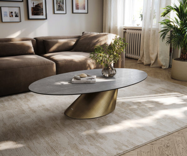 Dohányzóasztal Edge ovális 140x80 cm kerámia beton szürke Conis metál arany