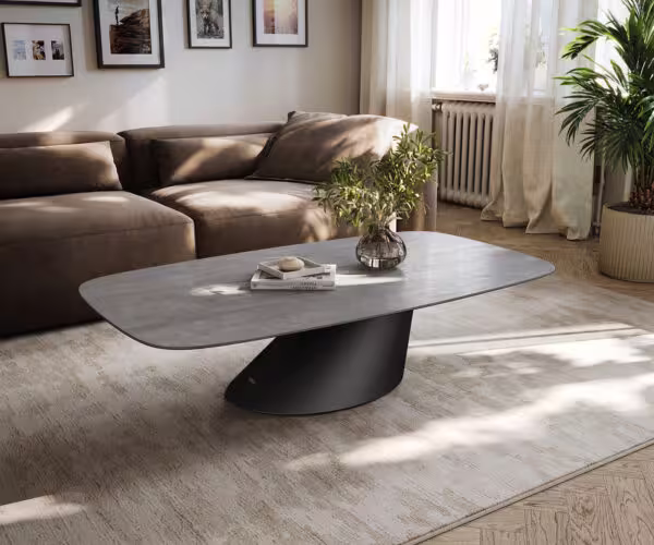 Dohányzóasztal Edge hajóformájú 140x80 cm kerámia beton szürke Conis fém fekete