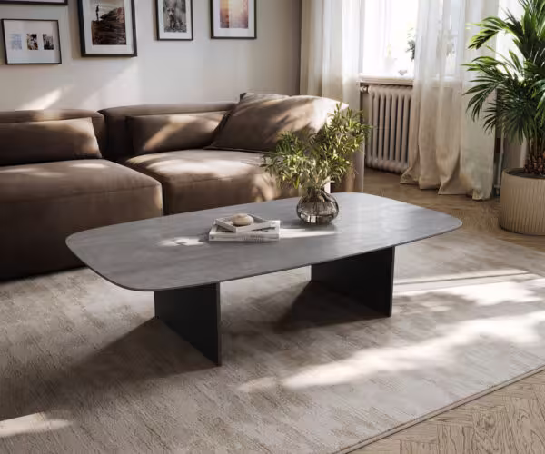 Dohányzóasztal Edge hajóformájú 140x80 cm kerámia beton szürke Salto fém fekete