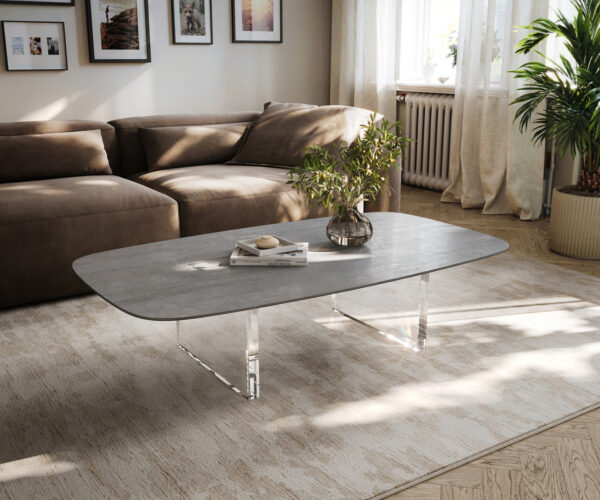 Dohányzóasztal Edge hajóformájú 140x80 cm kerámia beton szürke Lumia akril